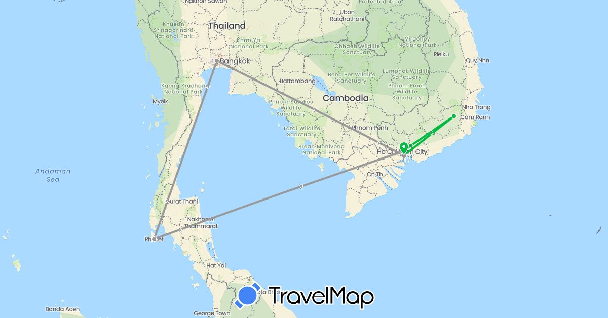 TravelMap itinerary: driving, bus, plane in Thailand, Vietnam (Asia)